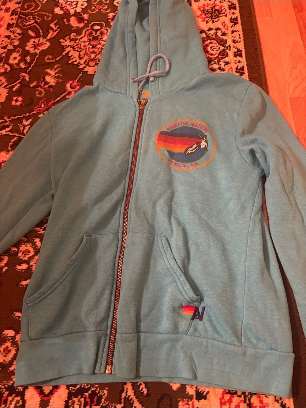 Aviator Nation Sky Blue Kids Zip Hoodie with Rainbow Crest